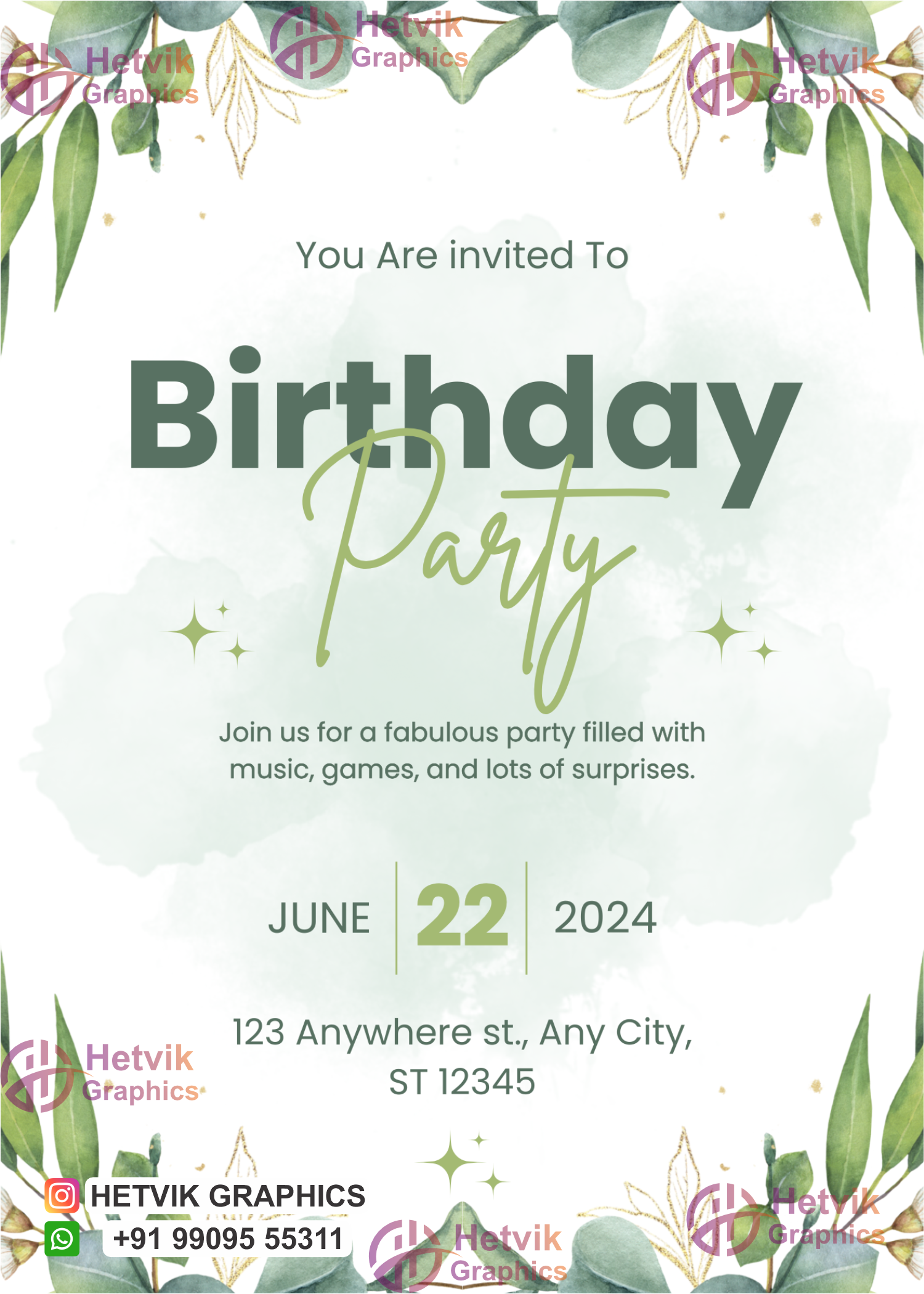 Green & White Watercolor Floral Simple Birthday Party Card