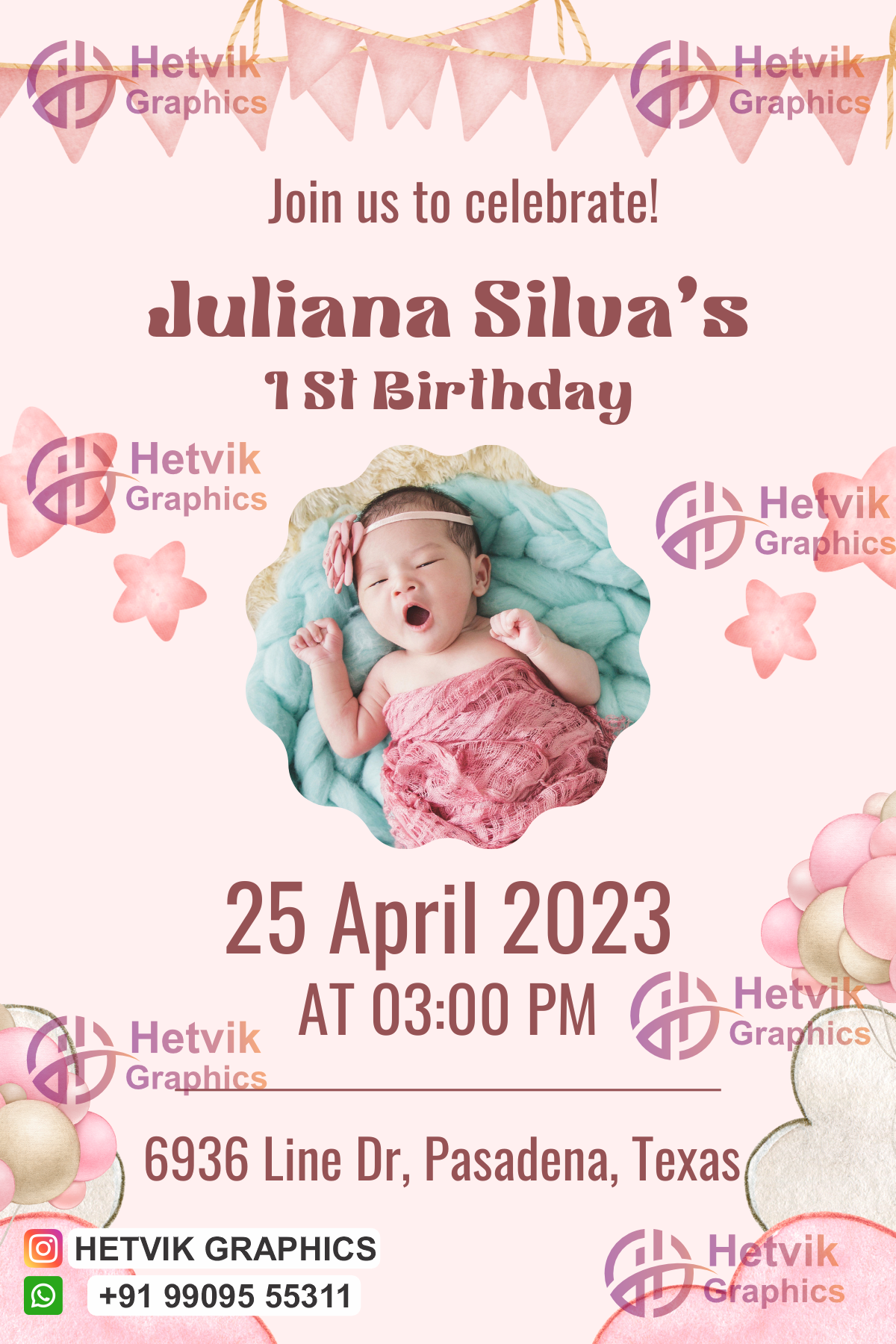 Pink Birthday Invitation | Cute Baby Theme with Stars & Balloons