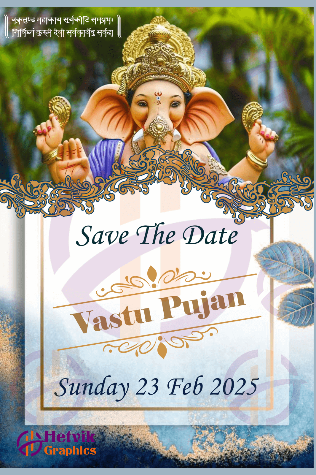 Gujarati Vastu Card – Elegant Design with Lord Ganesha, Floral Elements & Peacock